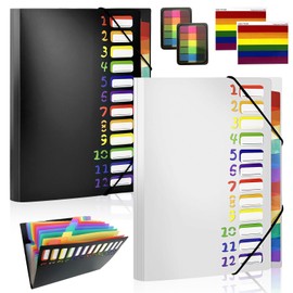 WZYTEU Pack of 2 Expanding Folders, PP Folder A4 with 12 Compartments, Document Folder with Elastic Band for Home, Office, School and Travel, with Sticky Notes (Black, White)