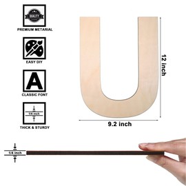 12 Inch Wooden Letter U, 1/4 Inch Thick Large Unfinished Wood Letter for DIY Crafts Home Wall Decor