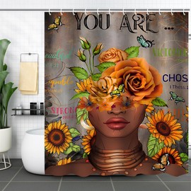 African Woman Shower Curtain Afro American Black Girl Shower Curtain Rose Sunflower Shower Curtains Inspirational Quotes Waterproof Butterfly Bathroom Decor Sets with 12 Hooks 72Wx72H Orange