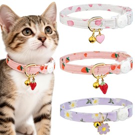 REDANHA 3 Pcs Cat Collar with Bell and Charm, Cute Strawberry Daisy Heart Print Pet Necklace for Kitten, Adjustable Soft Safety Collar with Cat Head Buckle(Red White Purple)