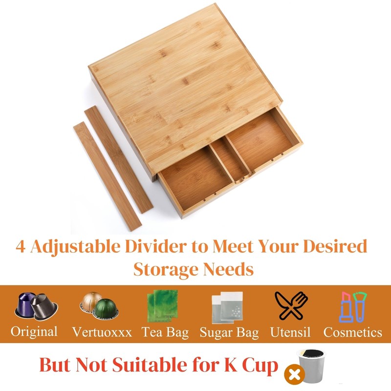 Peohud Bamboo Coffee Pod Drawer, Espresso Coffee Capsule Holder with