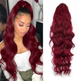 KETHBE 24 Inch Long Body Wave Ponytail hair Extension Synthetic Heat Resistant Wrap Around Drawstring Curly Wavy Ponytail Hairpieces for Women(Red)