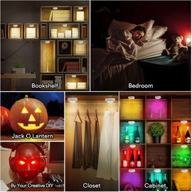 Onumii LED Puck Lights Battery Operated LED Under Cabinet Lighting Wireless Stick on Tap Lights with Remote Controll Color Changing Timer Function for Cabinets, Shelves, Closets - 6Pack White