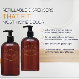 Bottiful Home-16 oz Amber Shampoo and Conditioner Shower Soap Dispensers-2 Refillable Empty PET Plastic Pump Bottle Shower Containers-Printed Design-Waterproof, Rust-Free, Clog-Free, Drip-Free