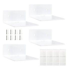 Pack of 4 Small Wall Shelves, White, Acrylic Small Floating Mini Shelf for Speakers, 10 x 10 x 5 cm, Modern Acrylic Floating Shelf with Cable Hole, for Bedroom, Bathroom, Living Room and Kitchen