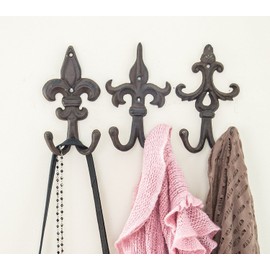 Comfify Set of 3 - Cast Iron Fleur De Lis Double Wall Hooks/Hangers - Decorative Wall Mounted Coat Hook - Rustic Cast Iron - with Screws and Anchors CA-1504-30-BR
