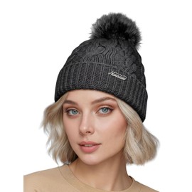 Neverless® lined women's knitted hat with fur bobble and fleece lining, winter hat, bobble hat. -