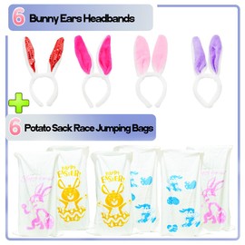 LUKBERA 6 Player Potato Sack Race Jumping Bags with Bunny Ears Headbands, Easter Sack Race Easter Eggs Hunt Outdoor Games