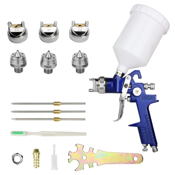 HVLP Spray Gun with Replaceable 1.4mm 1.7mm 2.0mm Nozzles Needle Cap Automotive Air Paint Sprayer Gun Kit with 600cc Capacity Cup for Car Primer,Furniture Surface Spraying,Wall Painting,Base Coatings