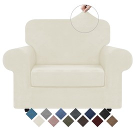 WEERRW Stretch Chair Sofa Slipcover - 2 Pieces Luxury Soft Plush Couch Cover Furniture Protector with Elastic Bottom for Pets, Machine Washable, Ivory, Small