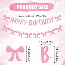Pink Bow Happy Birthday Banner, Pre-Strung Premium Paper Cute Bow Garland Banner Pink Bow Banner Party Decorations for Birthday Celebration Parties