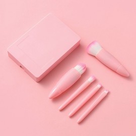Portable Mini Makeup Brush Set with Case for Eyeshadow and Blush Contour Rose 4ea