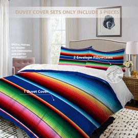 BaoNews Purplish Blue Mexican Stripes Duvet Cover Set Queen Size,3 Pieces Red Ethnic Serape Bedding Set Hotel Quality 100% Cotton Comforter Cover Set with 2 Pillowcases(No Filler)