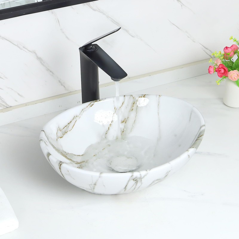 Davivy 16.3"x13.4" White Marbling Bathroom Vessel Sink with Pop Up