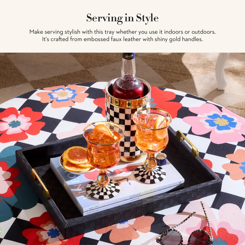 MACKENZIE-CHILDS Black Faux-Leather Tray with Handles, Rectangular Tray for Serving,