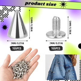 VZXQX 100 Pieces Punk Rivets, 7 x 10 mm Decorative Rivets Set, Silver Metal Killer Rivets, Pointed Rivets for Screws, Metallic Cone Spikes Rivets for Leather, Clothes, Bags, Shoes, DIY Leather Crafts