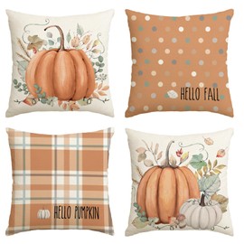 AVOIN colorlife Hello Fall Hello Pumpkin Throw Pillow Covers, 12 x 20 Inch Autumn Thanksgiving Harvest Orange Eucalyptus Decorations for Sofa Couch Set of 4