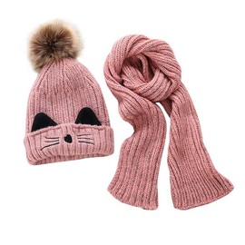 JFAN Beanie Scarf Set Boys Girls Winter Hat for Children Fleece Lined 2-8 Years Toddler Fur Bobble Hat Scarf Set Knitted Hats, pink
