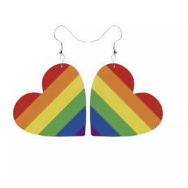 Rainbow French Wire Pride Heart Vegas Faux Leather Stamp Dangle Drop Earrings