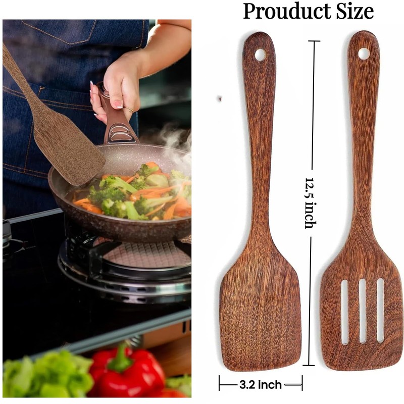LorisArm Cherry Wood Spatula Turner Set, 12-Inch Wooden Spatula Slotted