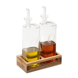 Navaris 2er Set Öl- und Essigspender aus Glas mit Holzständer - Ölflasche für Olivenöl Balsamico - 220ml je Flasche - 2x Ölspender mit Ausgießer