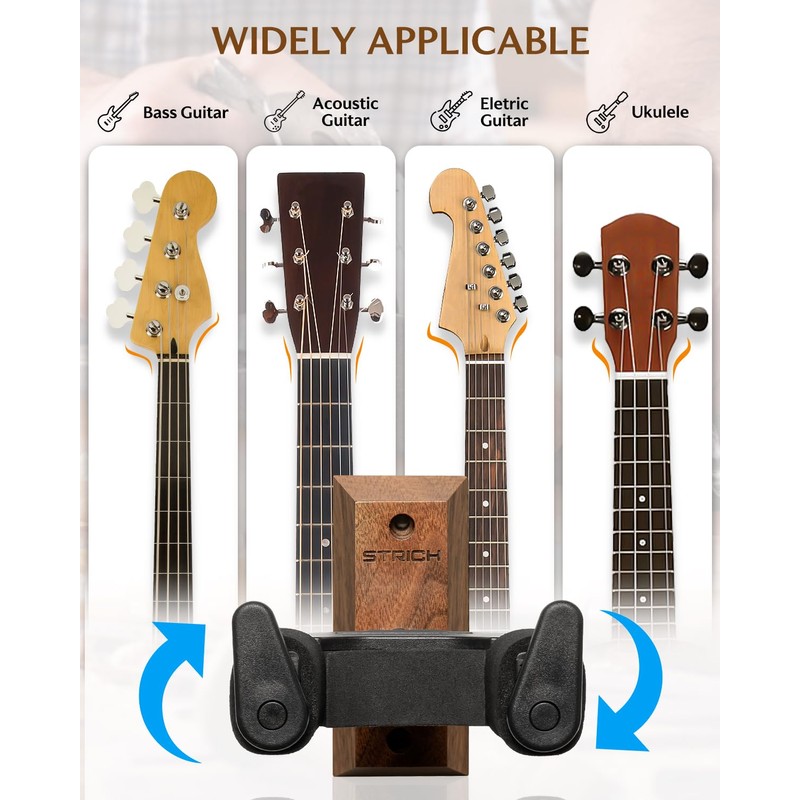 STRICH Guitar Wall Mount,Walnut,U-Shaped with Screws,Auto Lock Guitar Holder Hook