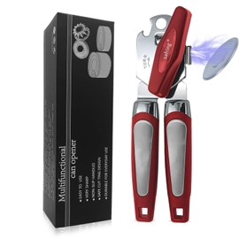 Safring Can Opener Manual with Magnet, Stainless Steel Handheld Heavy Duty Can Opener, Sharp Blade Smooth Edge, Comfortable Handle, Can Openers with Multifunctional Bottle Opener, Red