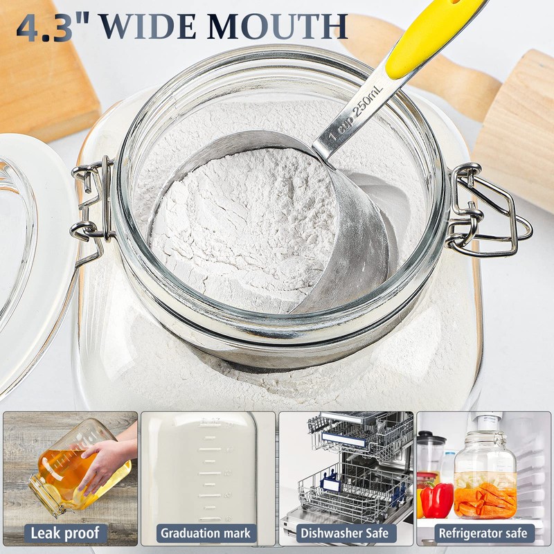 Folinstall 1 Gallon Square Super Wide-Mouth Glass Jars with Airtight