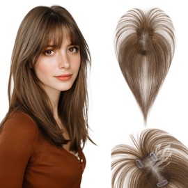 SEGOHAIR Hair Toppers for Women Real Human Hair with Bangs 360°Cover 3D Clips 2.76"x4.33" Breathable Lace Base 11 Inches Lightweight Hairpieces Wispy Bangs Medium Brown