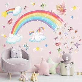 Rainbow Wall Decals Unicorn Wall Decals for Girls Bedroom Butterflies Clouds Fairy Pink Wall Stickers for Girls Room Large Watercolor Vinyl Wall Decals Peel and Stick Decor for Baby Nursery Playroom