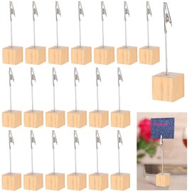Memo Holder 20 Pieces, Picture Holder with Clips, Wooden Card Table, Vertical Note Squares for Photo Office Wedding Party Decoration, Original wood colour