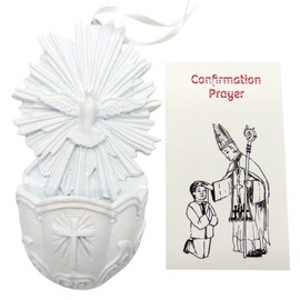 Confirmation Holy Water Font Prayer Set with Polyresin Dove Holy Spirit Stoup for Home or Church with Prayer Card