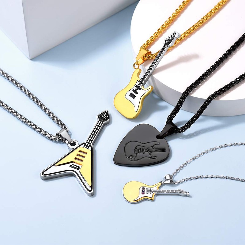 Suplight Platinum Silver Guitar Necklace for Men Boy Rock Music