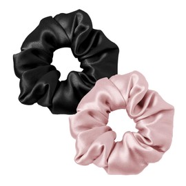 LILYSILK Silk Hair Scrunchies for Frizz Prevention, 100% Mulberry Silk Hair Ties for Breakage Prevention, Elastic Polytail Holders, Black+Rosy Pink