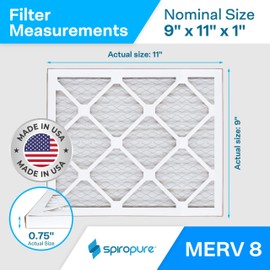 SpiroPure 9x11x1 MERV 8 Pleated Filter Air Filters - Made in USA (6 Pack)