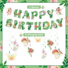 Fairies Birthday Party Decorations Glittery Green Fairy Happy Birthday Banner, Hanging Decor for Flower Garden Decoration 1st Happy Birthday Banner Party Supplies