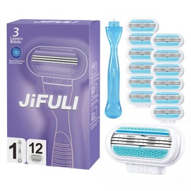 JiFULI Women's Razor, Reusable Handle, 12 Original Replacement Cartridges with 3 Blades, Women's Intimate Area, Intimate Woman, Intimate Zone, Intimate Shaver for Women (Blue)