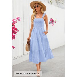 MEROKEETY Women's Summer Boho Maxi Dress Beach Vacation Casual Smocked A Line Sundress with Pockets, Blue, Large