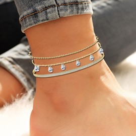 FFWTPY 3 PCS Ankle Bracelets for Women 14K Gold Plated Adjustable Ankle Chains Bracelets Beach Ankle Bracelets Boho Layered Anklet Foot Jewelry Diamond Rhinestone Anklet Gifts for Women Girls (12)