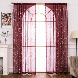 AmHoo 2 Panels Leaf Flora Embroidered Farmhouse Semi Sheer Curtain Voile Curtains for Living Room Bedroom Window Treatment Burgundy Red 53 x 63 Inch