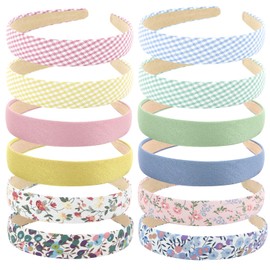 Oblihumoy 12 PCS Headbands for Women Plain Checked Plaid Floral Headbands for Girls Fashion Elastic Hair Bands DIY Costume Accessories for Women Girls