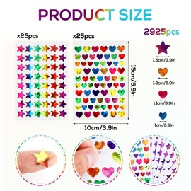 2925pcs/50 Sheets Sparkly Reward Sticker for Kids, Rainbow Star Stickers & Heart Sticker Tiny Self-Adhesive Colored Stickers for Teachers and Kid for Scrapbooking DIY Arts Crafts