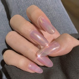 Brishow Artificial Nails False Nails Pink Short Fake Nails Oval Ballerina Acrylic Press on the Nails Full Cover Stick on the Nails 24 Pieces for Women and Girls