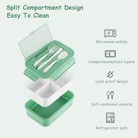 June tech 1400ml Bento Lunch Box Container with 3 Compartments Lunch Box for Adults Lunch Boxes with Cutlery Set BPA Free Sandwich Box for Kids Snack Box for School Kindergarten Office (Green)