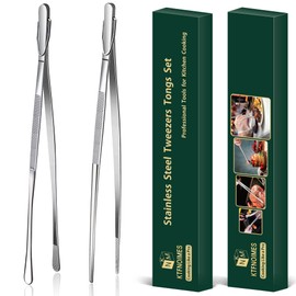 KTFNOMES 2 Pcs 12-Inch Cooking Tweezers Fine Tweezer Tongs, Extra-Long Stainless Steel Kitchen Tweezers, for Grilling, Serving, and Food Preparation,Silver