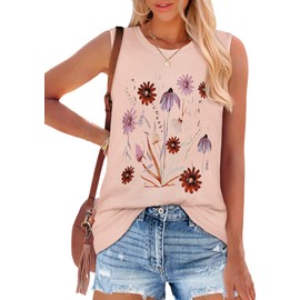 Sleeveless Women Summer Tops Tank Casual Floral Loose Fit Cute T-Shirt Tunic (Pink Colorful Flowers,M)