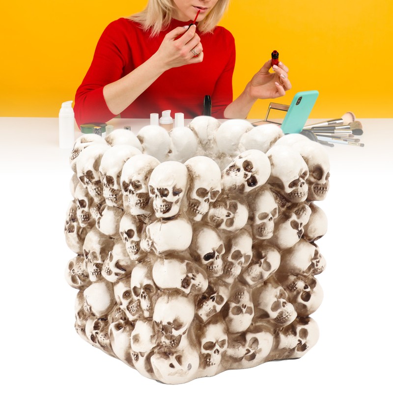 Skull Pen Holder White Resin Makeup Brush Holder Organiser Decoration