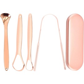 Raspador de Lengua 4 Piezas, Limpiador de Lengua Acero Inoxidable, Raspadores De Lengua Reutilizable, Tongue Scraper con Estuche de Transporte, para Un Aliento Fresco Y Cuidado Bucal (oro rosa)
