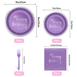 96 Pieces Purple and Silver Birthday Plates and Napkins Party Tableware Set with Happy Birthday Party Decorations,Paper Plates,Napkins and Forks for 24 Guests | Jouwaiwe
