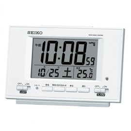 Seiko SQ778W Alarm Clock, Automatic Lighting, Radio Control, Digital Calendar, Temperature Display, Visible at Night, White Pearl